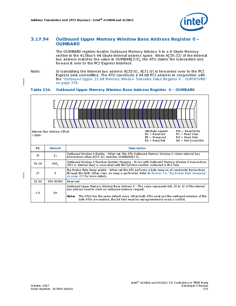 Address translation unit (pci express)—intel, Bit default description | Intel CONTROLLERS 413808 User Manual | Page 373 / 824