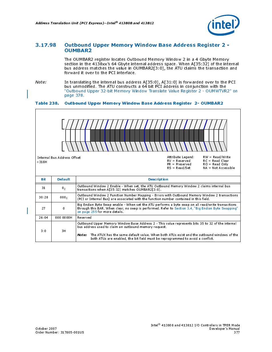 Address translation unit (pci express)—intel, Bit default description | Intel CONTROLLERS 413808 User Manual | Page 377 / 824