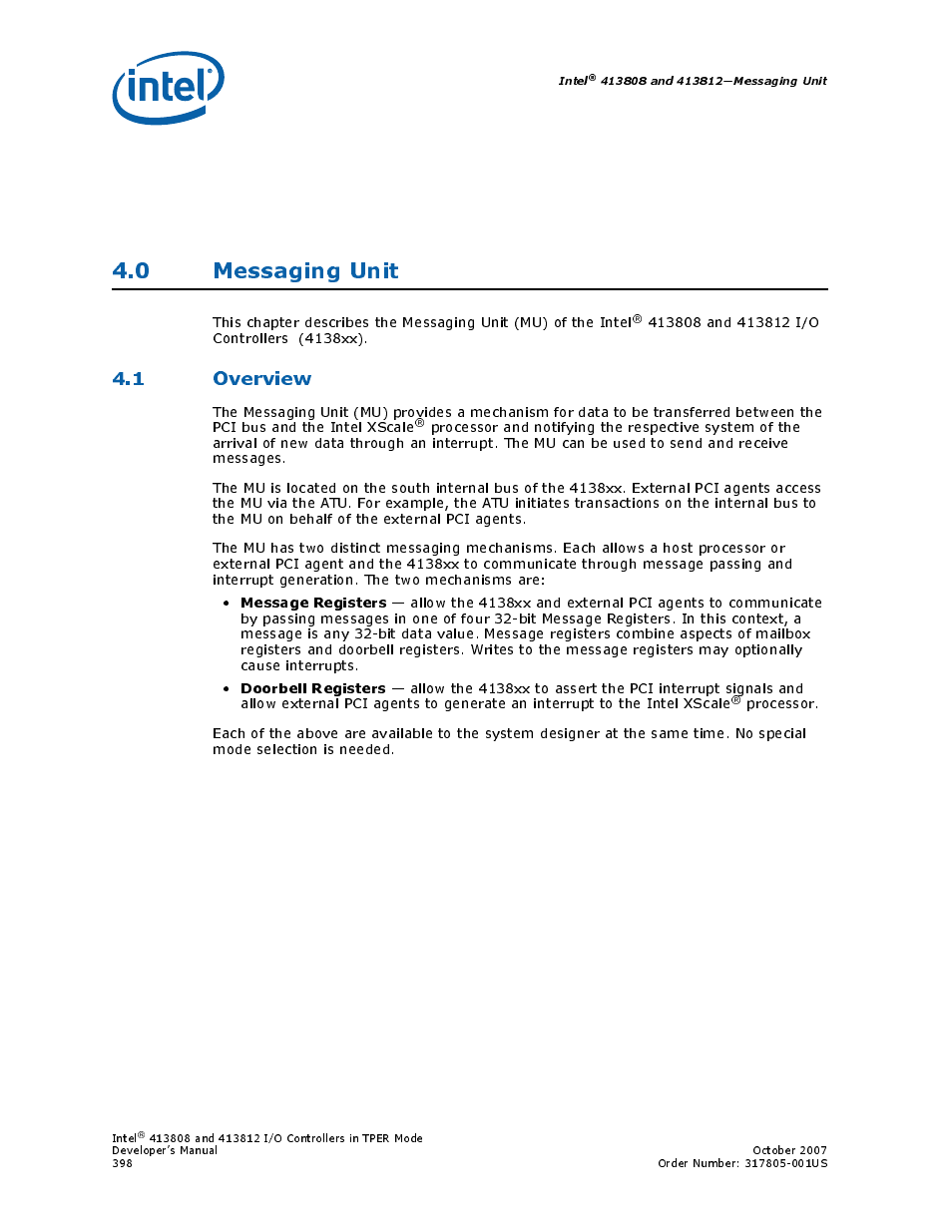 0 messaging unit, 1 overview, Chapter 4.0, “messaging unit | Chapter 4.0, Messaging unit, Message registers, Doorbell registers | Intel CONTROLLERS 413808 User Manual | Page 398 / 824