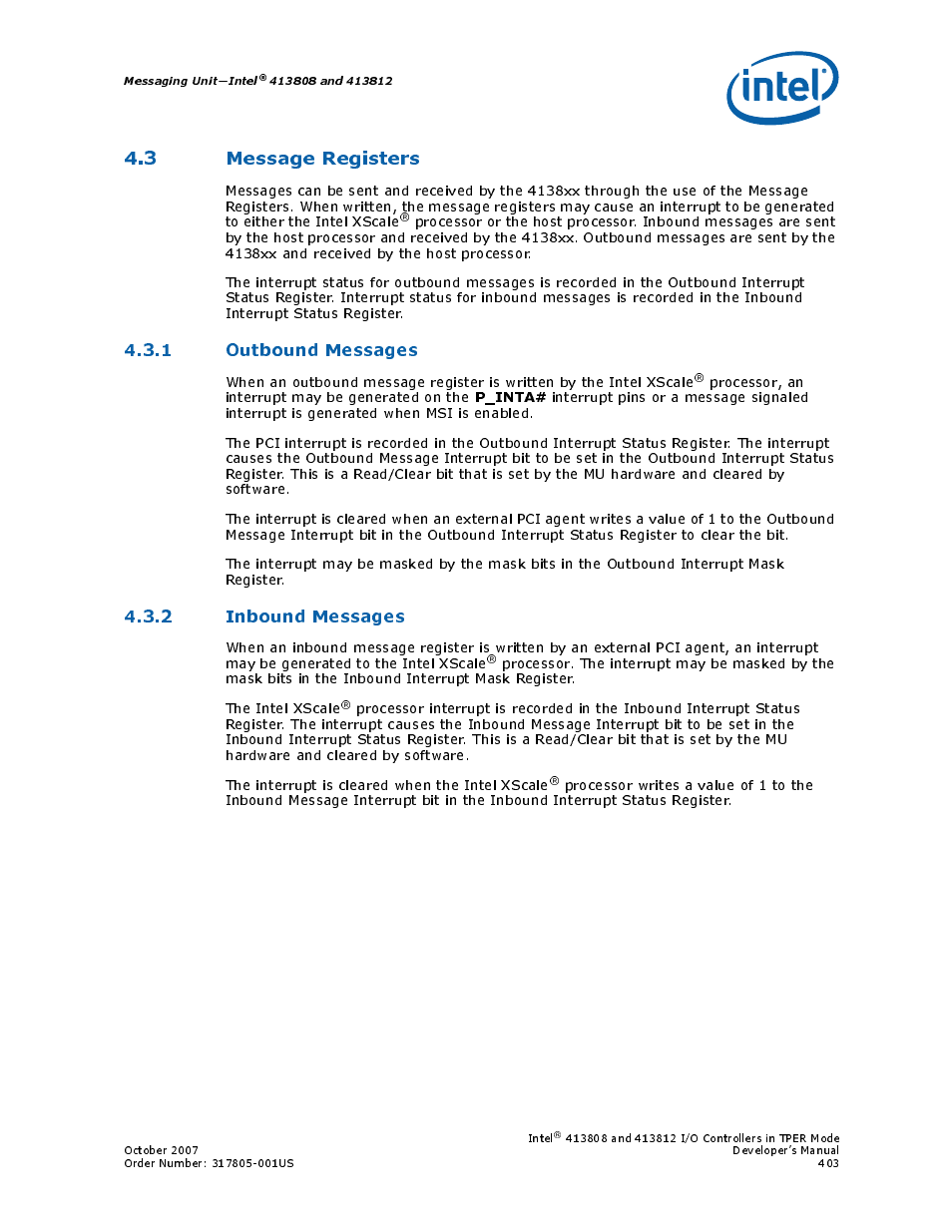 3 message registers, 1 outbound messages, 2 inbound messages | Intel CONTROLLERS 413808 User Manual | Page 403 / 824