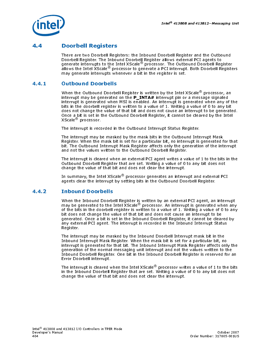 4 doorbell registers, 1 outbound doorbells, 2 inbound doorbells | Intel CONTROLLERS 413808 User Manual | Page 404 / 824