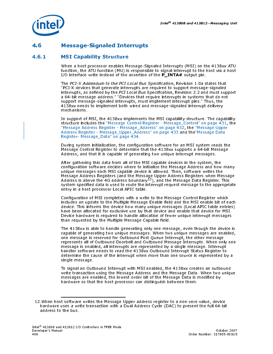 6 message-signaled interrupts, 1 msi capability structure | Intel CONTROLLERS 413808 User Manual | Page 406 / 824