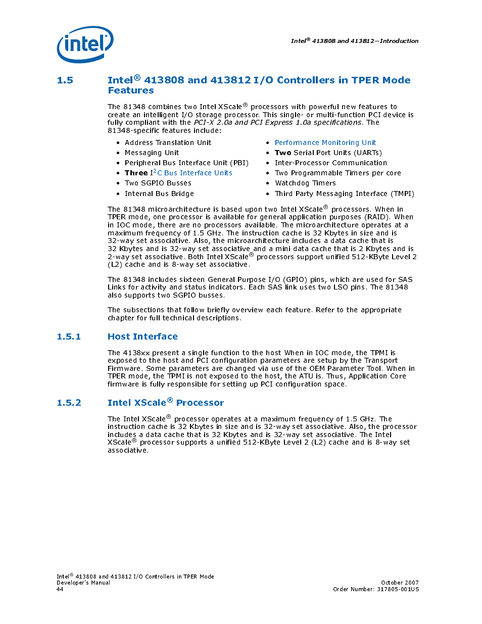1 host interface, 2 intel xscale® processor, 5 intel | 2 intel xscale, Processor | Intel CONTROLLERS 413808 User Manual | Page 44 / 824