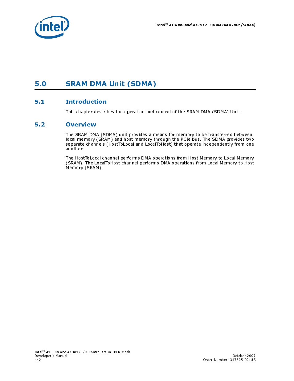 0 sram dma unit (sdma), 1 introduction, 2 overview | Intel CONTROLLERS 413808 User Manual | Page 442 / 824