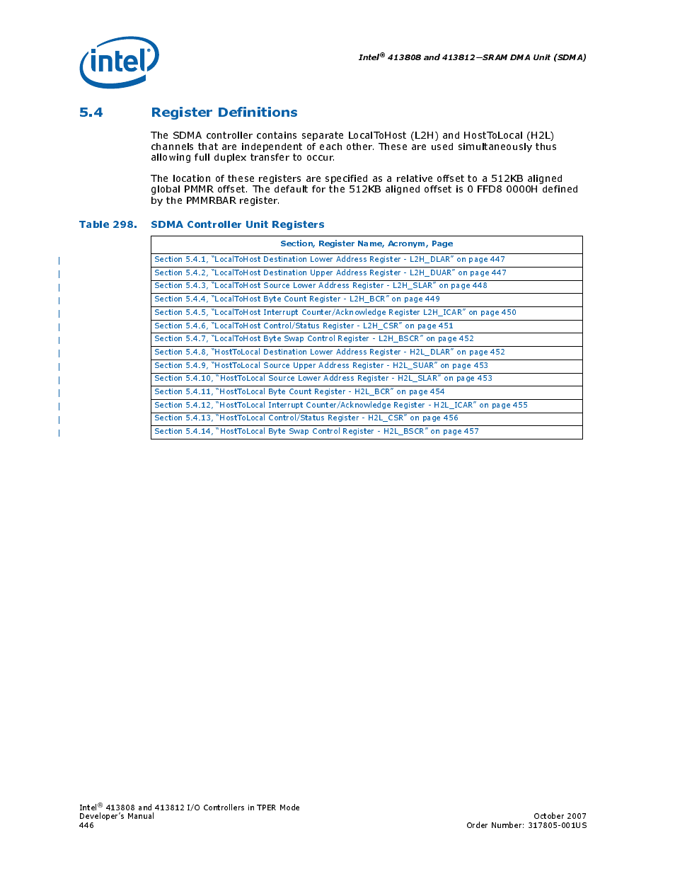 4 register definitions, Table 298. sdma controller unit registers, 298 sdma controller unit registers | Intel CONTROLLERS 413808 User Manual | Page 446 / 824