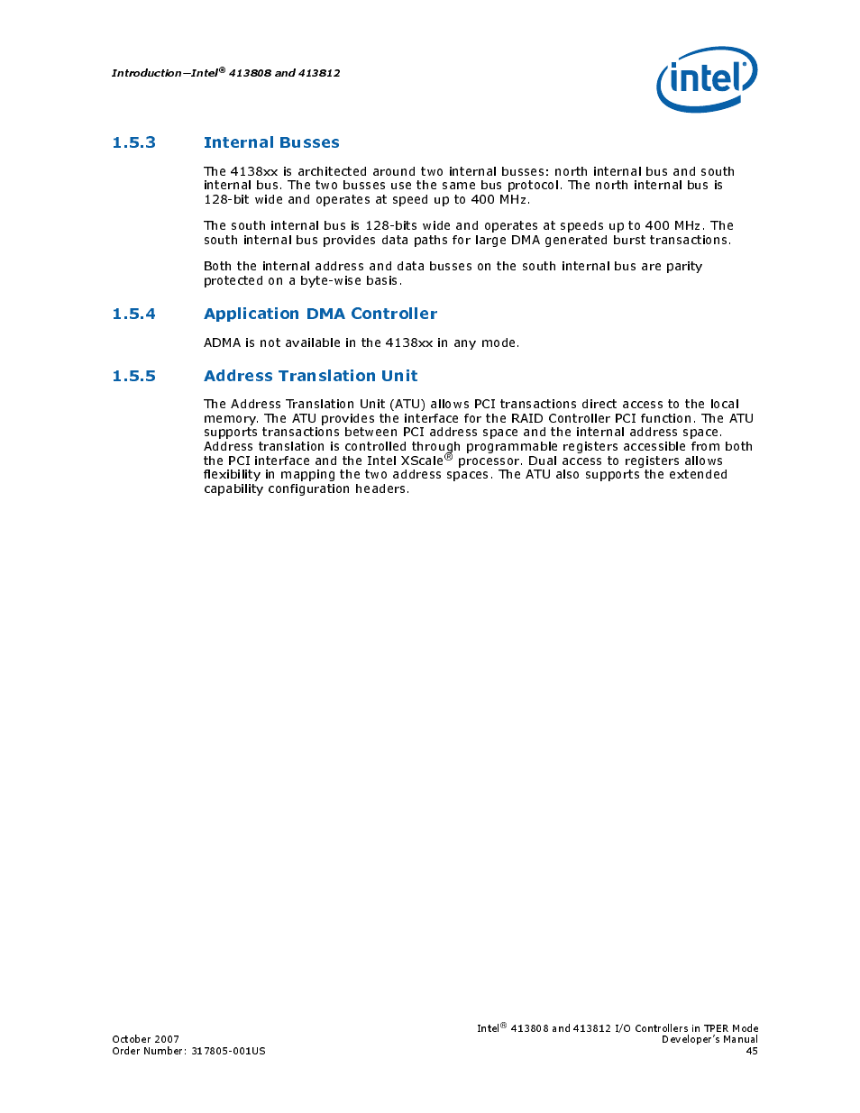 3 internal busses, 4 application dma controller, 5 address translation unit | Intel CONTROLLERS 413808 User Manual | Page 45 / 824