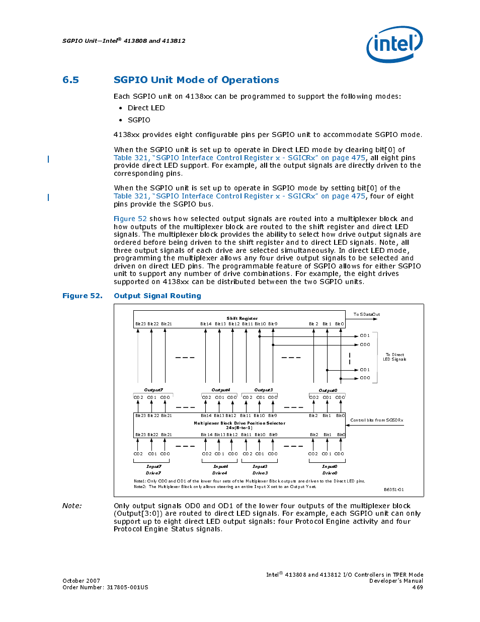 5 sgpio unit mode of operations, Figure 52. output signal routing, 52 output signal routing | Sgpio unit—intel | Intel CONTROLLERS 413808 User Manual | Page 469 / 824