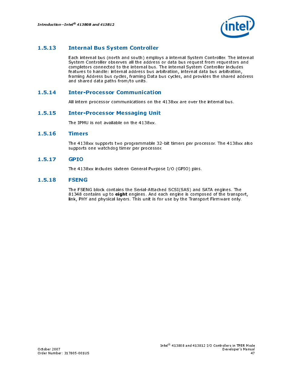 13 internal bus system controller, 14 inter-processor communication, 15 inter-processor messaging unit | 16 timers, 17 gpio, 18 fseng | Intel CONTROLLERS 413808 User Manual | Page 47 / 824