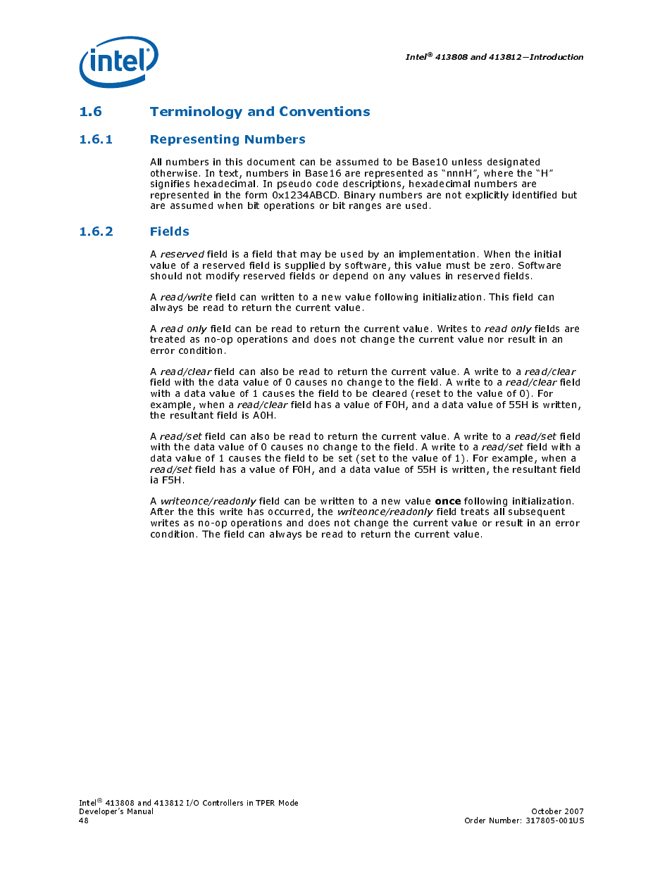 6 terminology and conventions, 1 representing numbers, 2 fields | Intel CONTROLLERS 413808 User Manual | Page 48 / 824