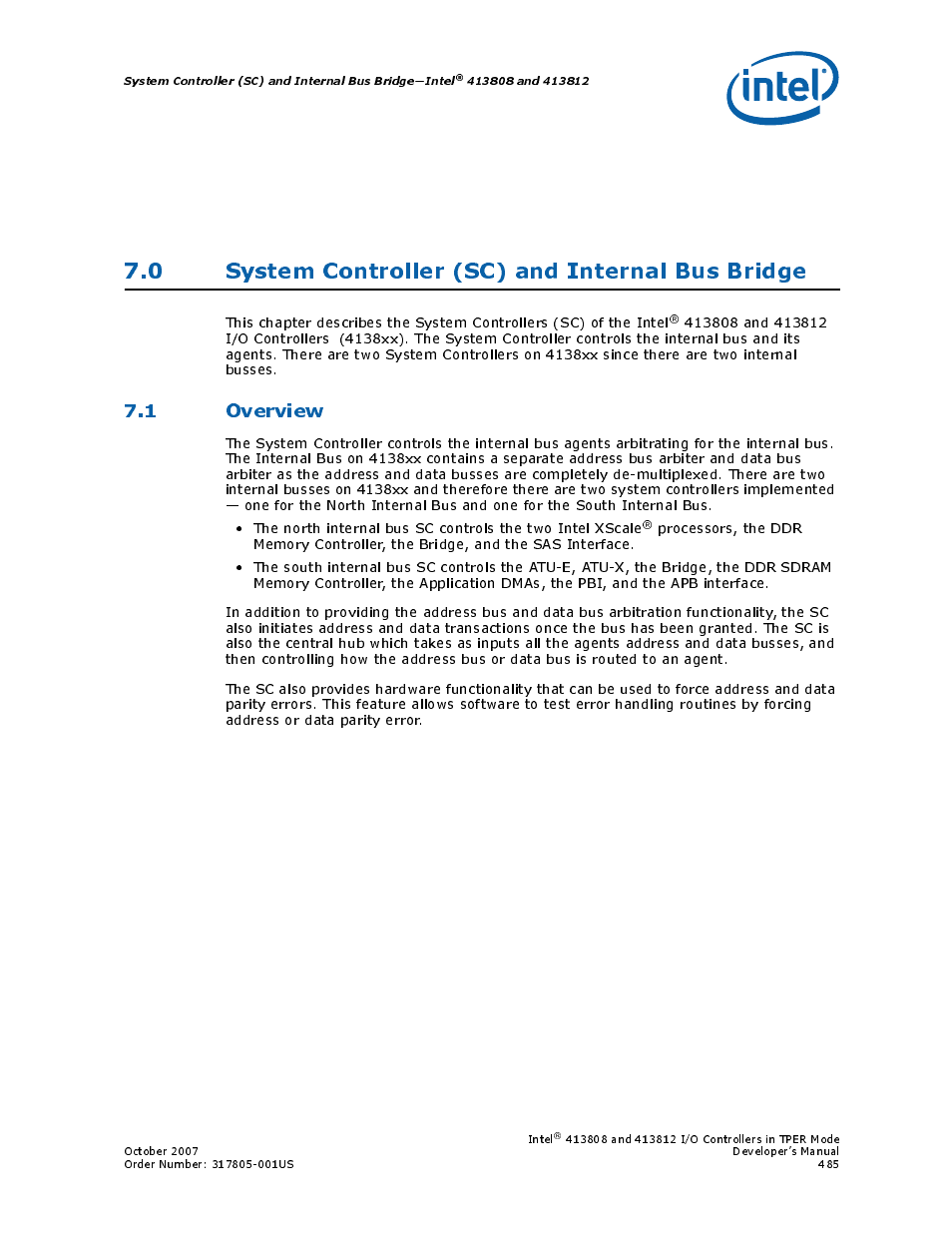 0 system controller (sc) and internal bus bridge, 1 overview, Chapter 7.0, “system controller (sc) and | Internal bus bridge, Bridge, Chapter 7.0, “system controller, Sc) and internal bus bridge, Chapter 7.0, “system, Controller (sc) and internal bus bridge, Section 7.0, “system controller (sc) and | Intel CONTROLLERS 413808 User Manual | Page 485 / 824