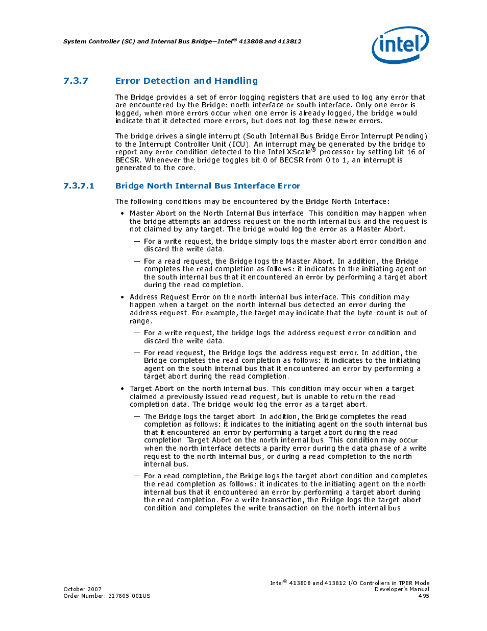 7 error detection and handling, 1 bridge north internal bus interface error | Intel CONTROLLERS 413808 User Manual | Page 495 / 824