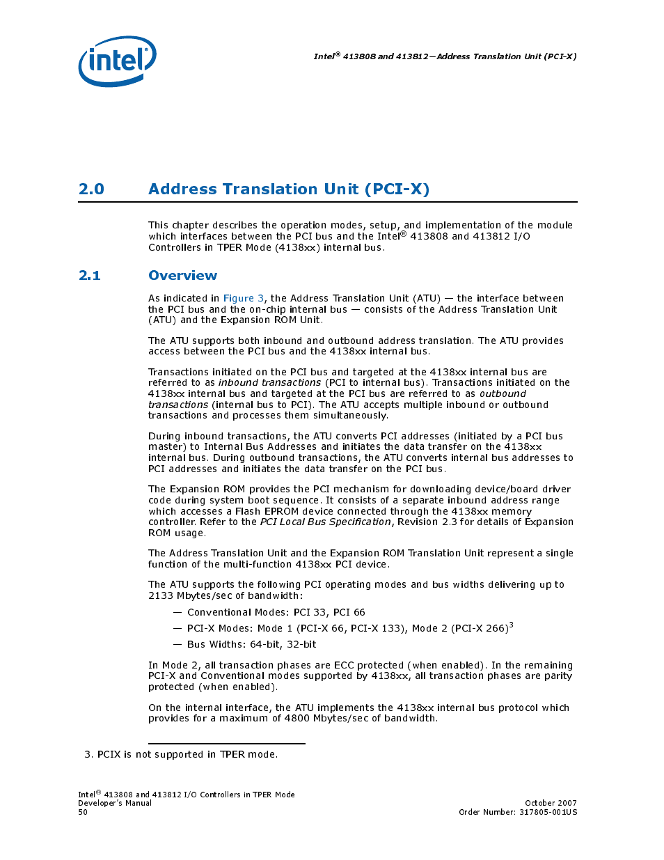 0 address translation unit (pci-x), 1 overview | Intel CONTROLLERS 413808 User Manual | Page 50 / 824