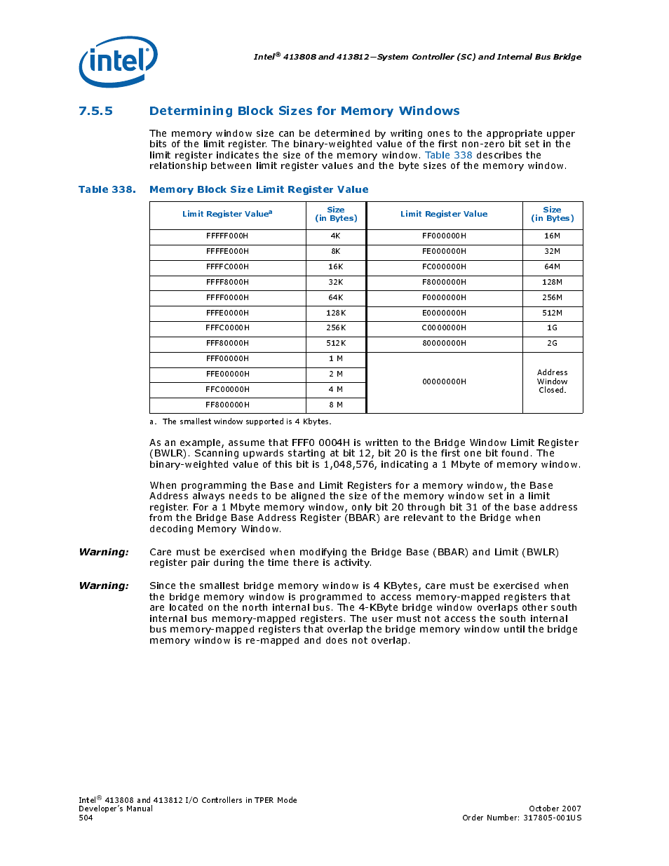 5 determining block sizes for memory windows, Table 338. memory block size limit register value, 338 memory block size limit register value | Intel CONTROLLERS 413808 User Manual | Page 504 / 824