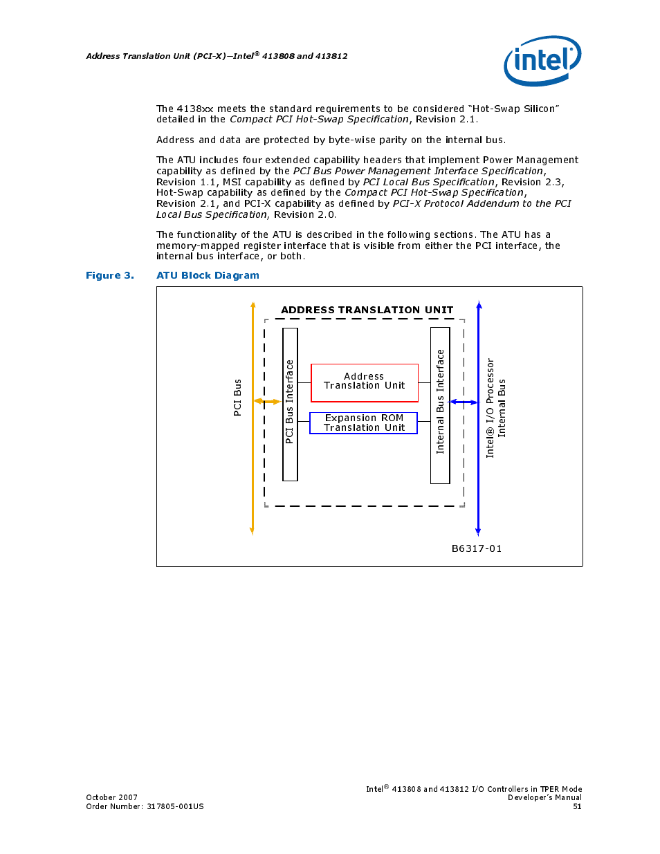 Figure 3. atu block diagram, 3 atu block diagram, Address translation unit (pci-x)—intel | Intel CONTROLLERS 413808 User Manual | Page 51 / 824