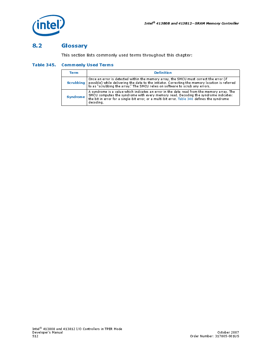2 glossary, Table 345. commonly used terms, 345 commonly used terms | Intel CONTROLLERS 413808 User Manual | Page 512 / 824