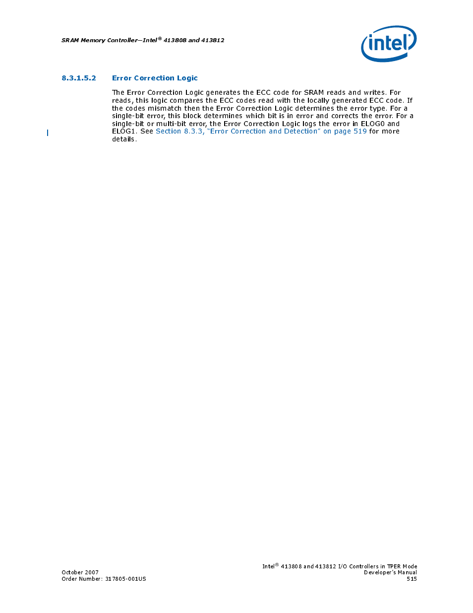 2 error correction logic, Error correction logic | Intel CONTROLLERS 413808 User Manual | Page 515 / 824