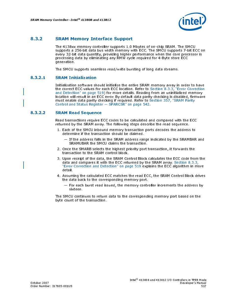 2 sram memory interface support, 1 sram initialization, 2 sram read sequence | Intel CONTROLLERS 413808 User Manual | Page 517 / 824
