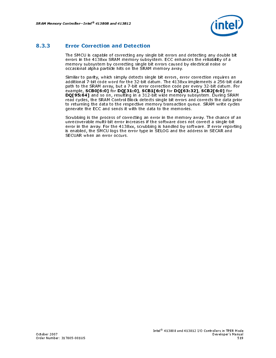 3 error correction and detection, Section 8.3.3, “error correction, Section 8.3.3 | Intel CONTROLLERS 413808 User Manual | Page 519 / 824