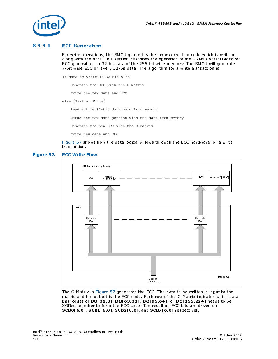 1 ecc generation, Figure 57. ecc write flow, 57 ecc write flow | Dq[31:0, Dq[63:32, Dq[95:64, Scb0[6:0, Scb1[6:0, Scb2[6:0, Scb7[6:0 | Intel CONTROLLERS 413808 User Manual | Page 520 / 824