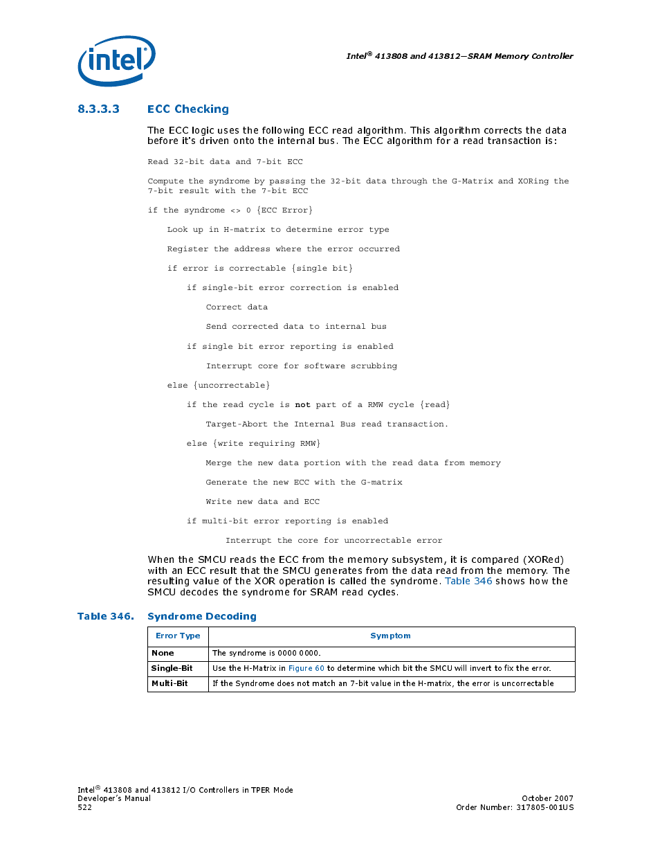 3 ecc checking, Table 346. syndrome decoding, 346 syndrome decoding | Intel CONTROLLERS 413808 User Manual | Page 522 / 824