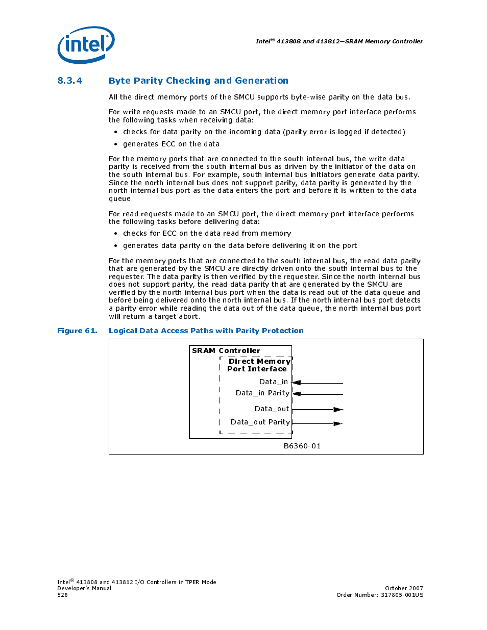 4 byte parity checking and generation, Port interface sram controller | Intel CONTROLLERS 413808 User Manual | Page 528 / 824