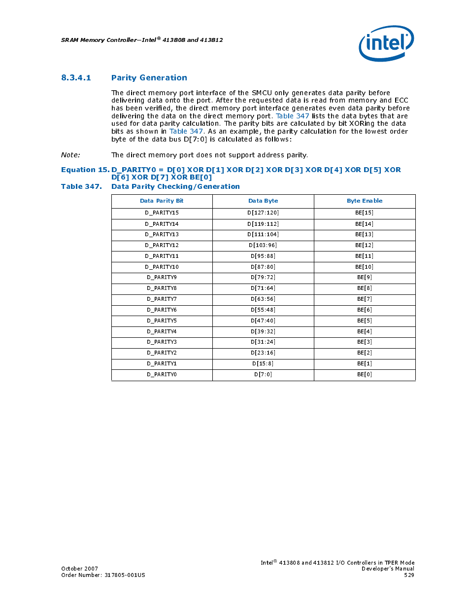 1 parity generation, Table 347. data parity checking/generation, 347 data parity checking/generation | Intel CONTROLLERS 413808 User Manual | Page 529 / 824