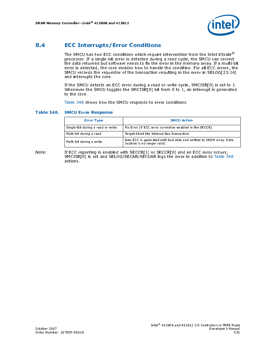 4 ecc interrupts/error conditions, Table 348. smcu error response, 348 smcu error response | Section, Section 8.4, “ecc interrupts/error | Intel CONTROLLERS 413808 User Manual | Page 531 / 824