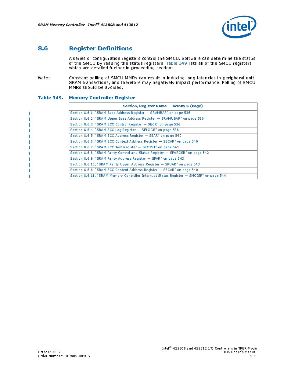 6 register definitions, Table 349. memory controller register, 349 memory controller register | Intel CONTROLLERS 413808 User Manual | Page 535 / 824