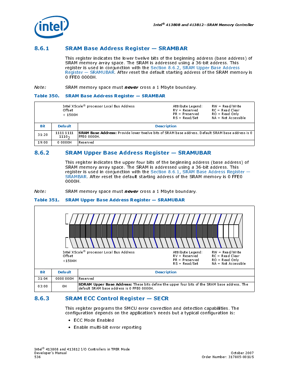 1 sram base address register - srambar, Table 350. sram base address register - srambar, 2 sram upper base address register - sramubar | 3 sram ecc control register - secr, 1 sram base address register — srambar, 2 sram upper base address register — sramubar, 3 sram ecc control register — secr, 350 sram base address register — srambar, 351 sram upper base address register — sramubar, Table 350. sram base address register — srambar | Intel CONTROLLERS 413808 User Manual | Page 536 / 824
