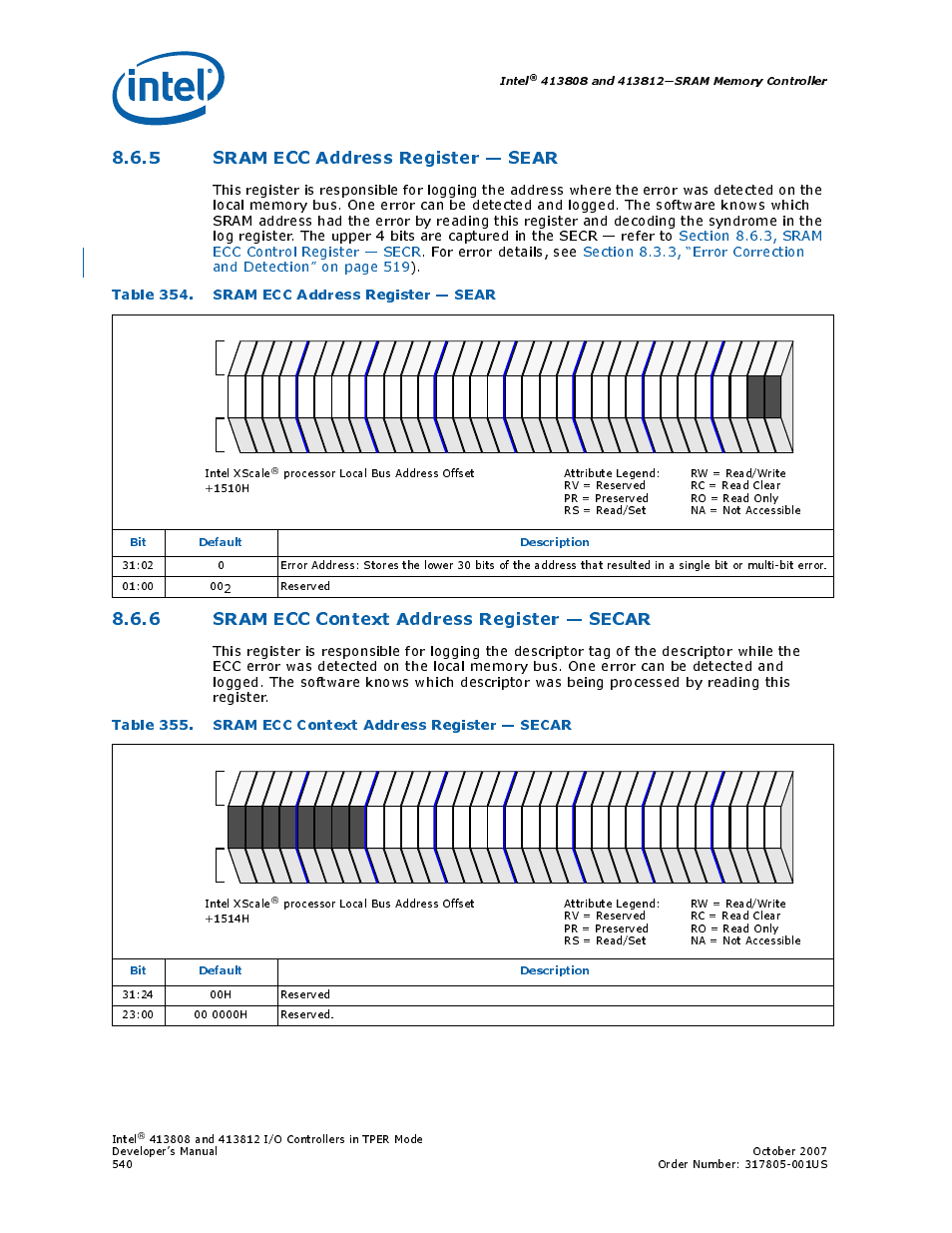 5 sram ecc address register - sear, Table 354. sram ecc address register - sear, 6 sram ecc context address register - secar | 5 sram ecc address register — sear, 6 sram ecc context address register — secar, 354 sram ecc address register — sear, 355 sram ecc context address register — secar, Table 354. sram ecc address register — sear, Intel, Bit default description | Intel CONTROLLERS 413808 User Manual | Page 540 / 824