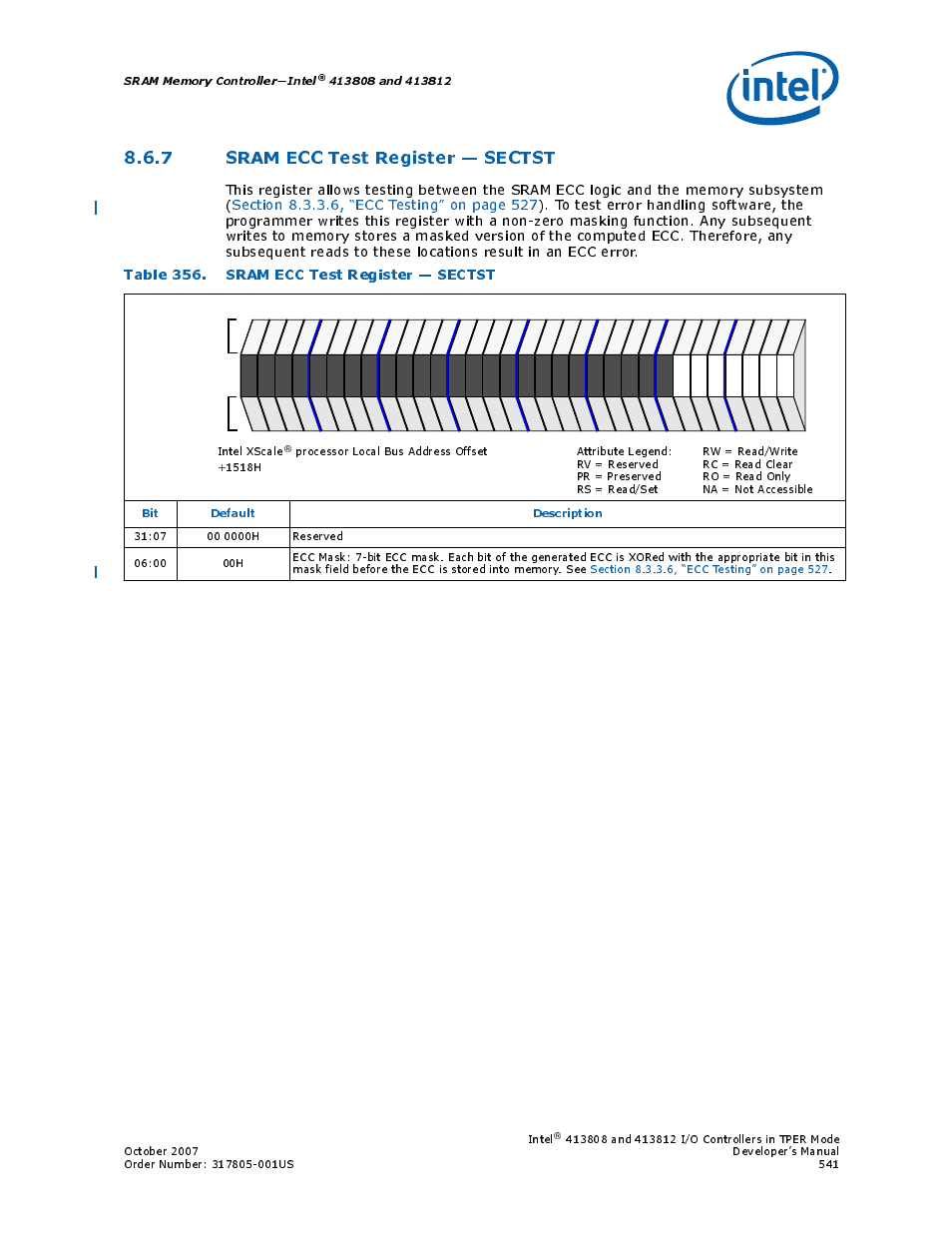 7 sram ecc test register - sectst, Table 356. sram ecc test register - sectst, 7 sram ecc test register — sectst | 356 sram ecc test register — sectst, Table 356. sram ecc test register — sectst, Bit default description | Intel CONTROLLERS 413808 User Manual | Page 541 / 824