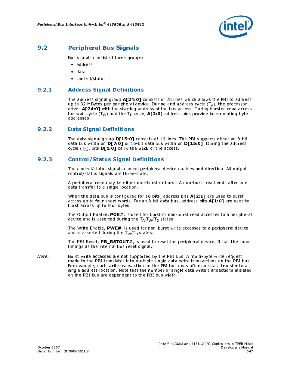 2 peripheral bus signals, 1 address signal definitions, 2 data signal definitions | 3 control/status signal definitions | Intel CONTROLLERS 413808 User Manual | Page 547 / 824