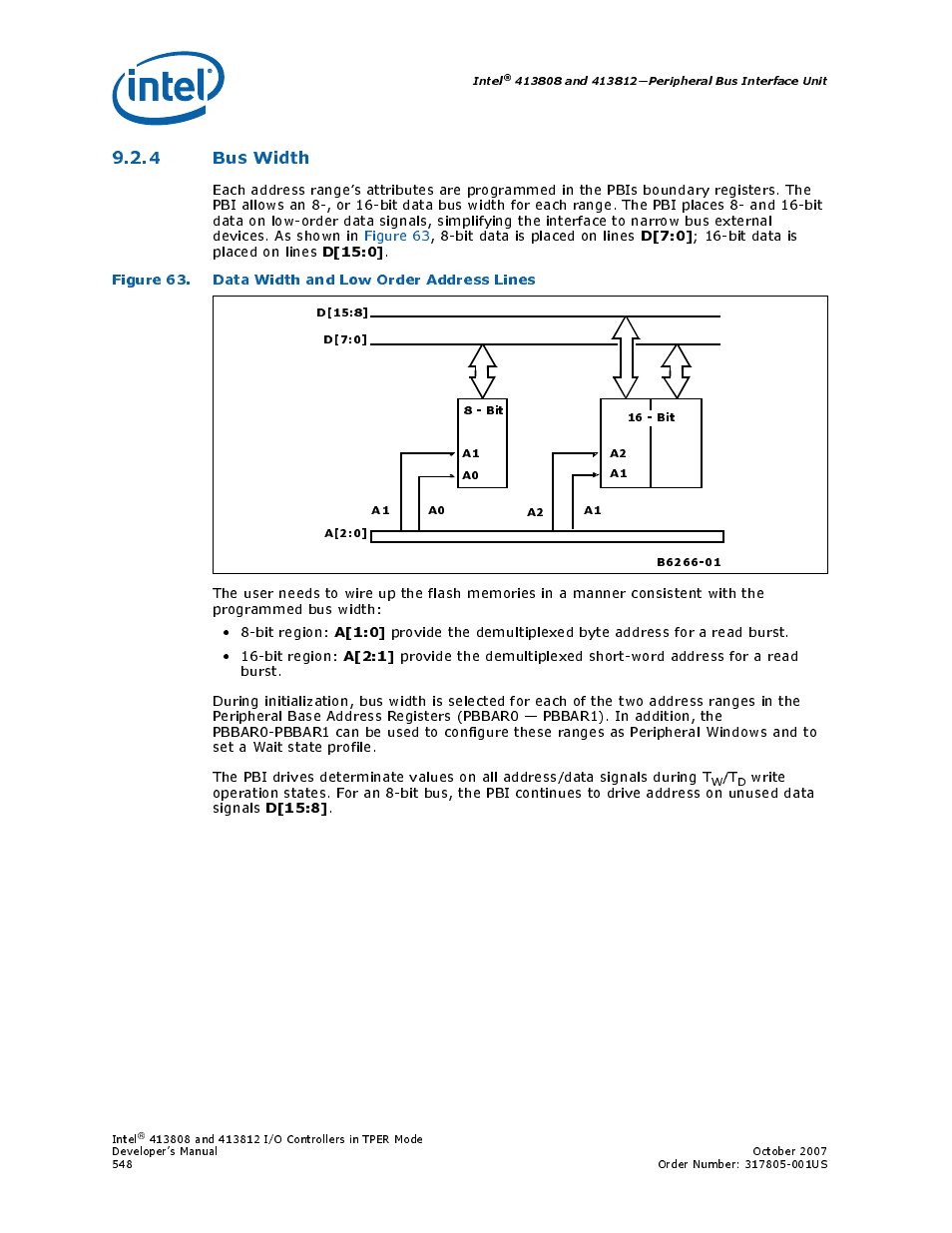 4 bus width, Figure 63. data width and low order address lines, 63 data width and low order address lines | D[7:0, D[15:0, A[1:0, A[2:1, D[15:8, Bit data is placed on lines | Intel CONTROLLERS 413808 User Manual | Page 548 / 824