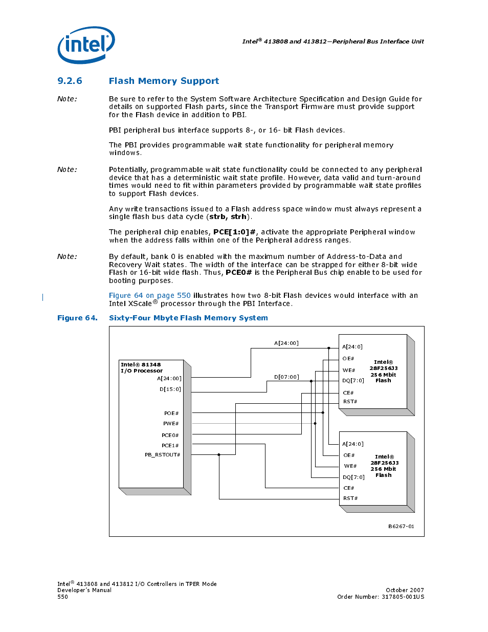 6 flash memory support, Figure 64. sixty-four mbyte flash memory system, 64 sixty-four mbyte flash memory system | Strb, strh, Pce[1:0, Pce0, The peripheral chip enables, Processor through the pbi interface | Intel CONTROLLERS 413808 User Manual | Page 550 / 824