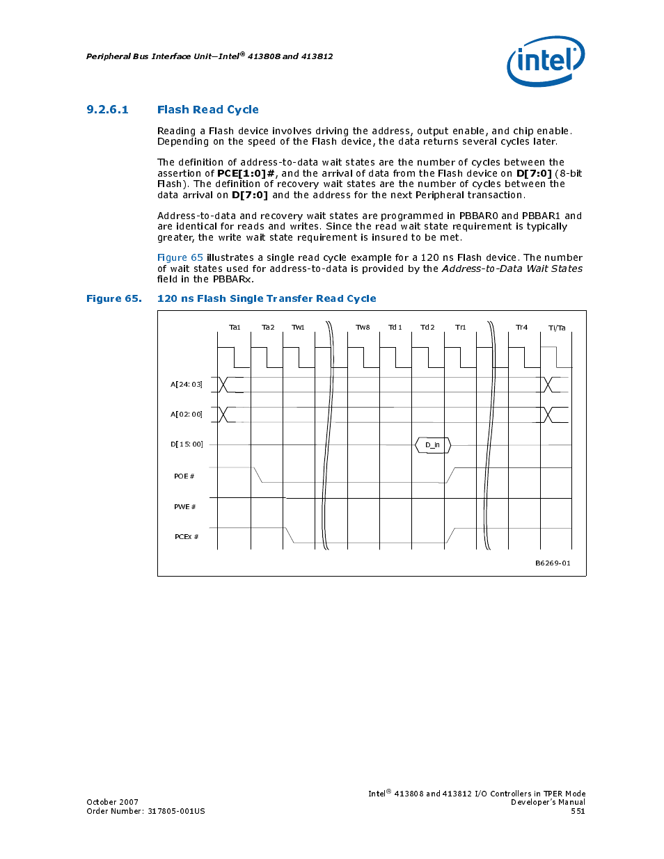 1 flash read cycle, Figure 65. 120 ns flash single transfer read cycle, 65 120 ns flash single transfer read cycle | Pce[1:0, D[7:0, And the arrival of data from the flash device on | Intel CONTROLLERS 413808 User Manual | Page 551 / 824