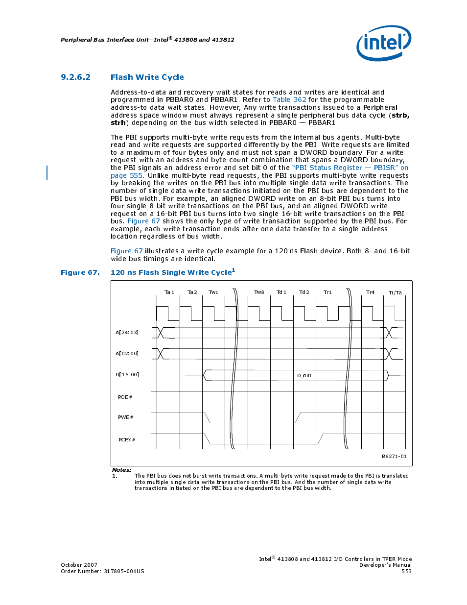 2 flash write cycle, Figure 67. 120 ns flash single write cycle1, 67 120 ns flash single write cycle | Strb, strh | Intel CONTROLLERS 413808 User Manual | Page 553 / 824