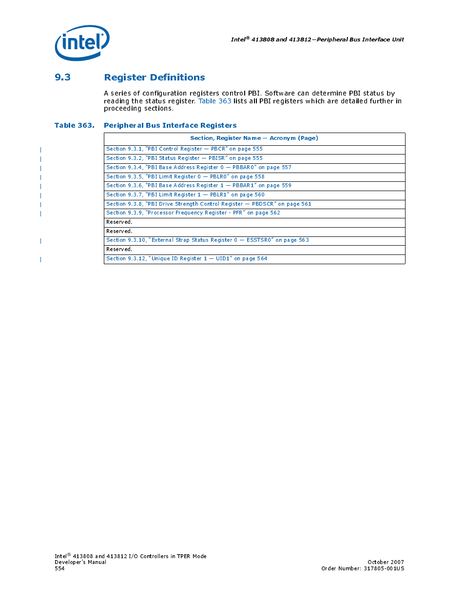 3 register definitions, Table 363. peripheral bus interface registers, 363 peripheral bus interface registers | Intel CONTROLLERS 413808 User Manual | Page 554 / 824