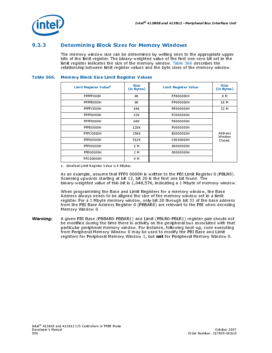 3 determining block sizes for memory windows, Table 366. memory block size limit register values, 366 memory block size limit register values | Intel CONTROLLERS 413808 User Manual | Page 556 / 824