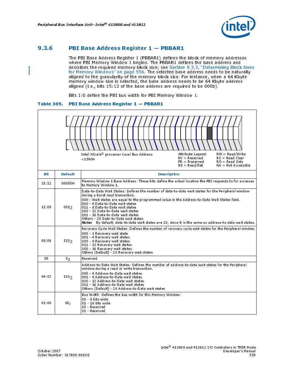 6 pbi base address register 1 - pbbar1, Table 369. pbi base address register 1 - pbbar1, 6 pbi base address register 1 — pbbar1 | 369 pbi base address register 1 — pbbar1, Peripheral bus interface unit—intel, Bit default description | Intel CONTROLLERS 413808 User Manual | Page 559 / 824