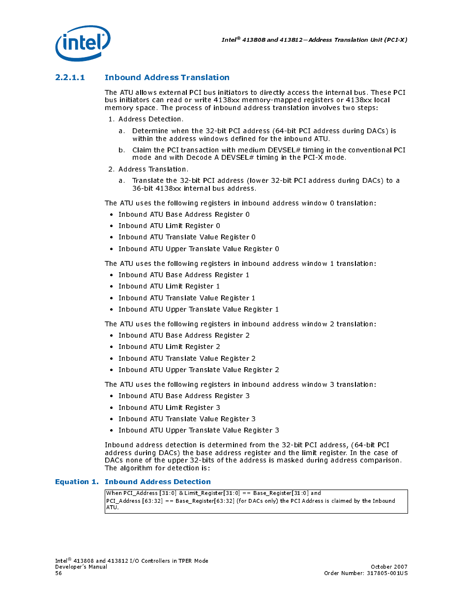 1 inbound address translation, Equation 1. inbound address detection, Section | Intel CONTROLLERS 413808 User Manual | Page 56 / 824