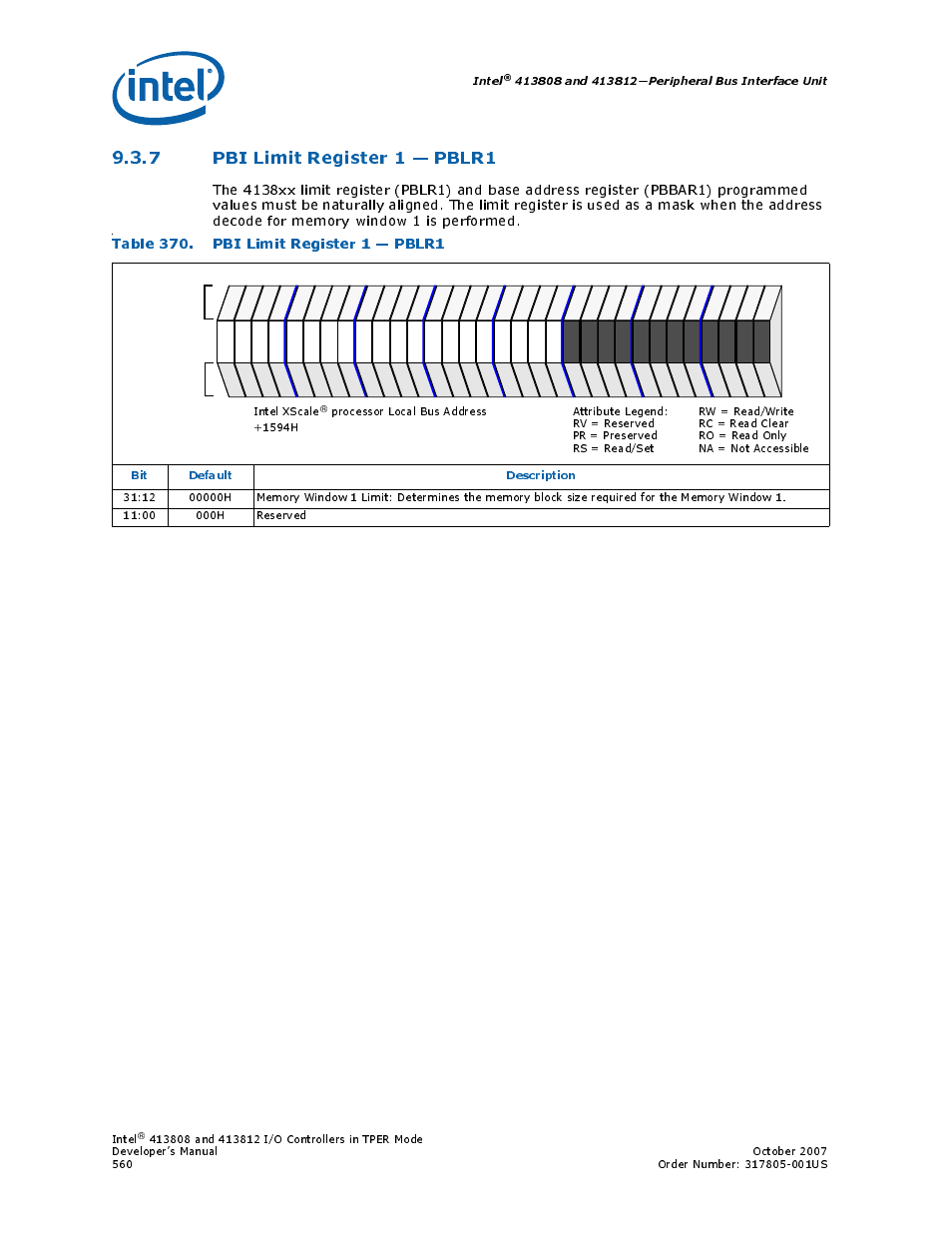 7 pbi limit register 1 - pblr1, Table 370. pbi limit register 1 - pblr1, 7 pbi limit register 1 — pblr1 | 370 pbi limit register 1 — pblr1, Intel, Bit default description, Processor local bus address, 1594h | Intel CONTROLLERS 413808 User Manual | Page 560 / 824