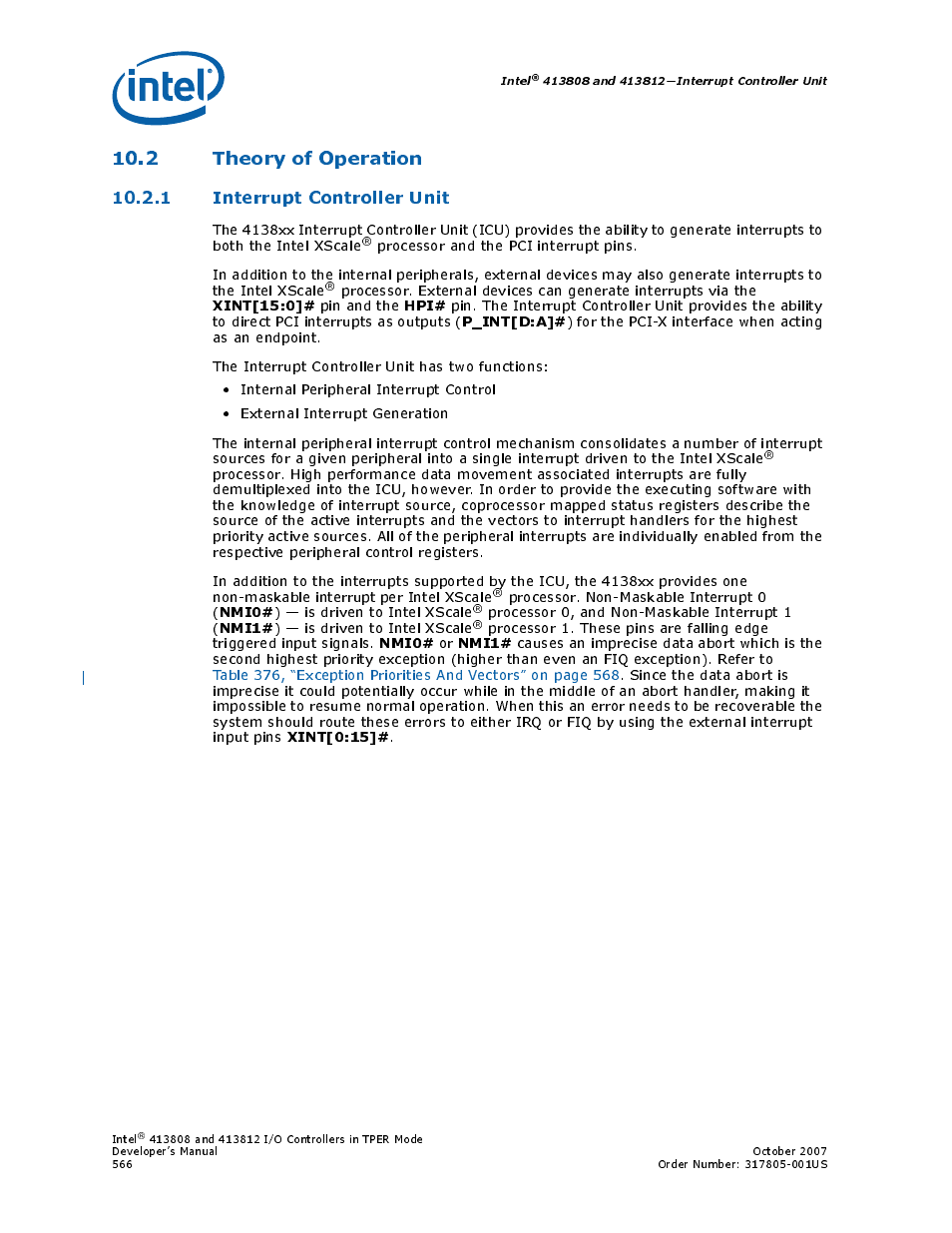 2 theory of operation, 1 interrupt controller unit, Xint[15:0 | P_int[d:a, Nmi0, Nmi1, Xint[0:15 | Intel CONTROLLERS 413808 User Manual | Page 566 / 824
