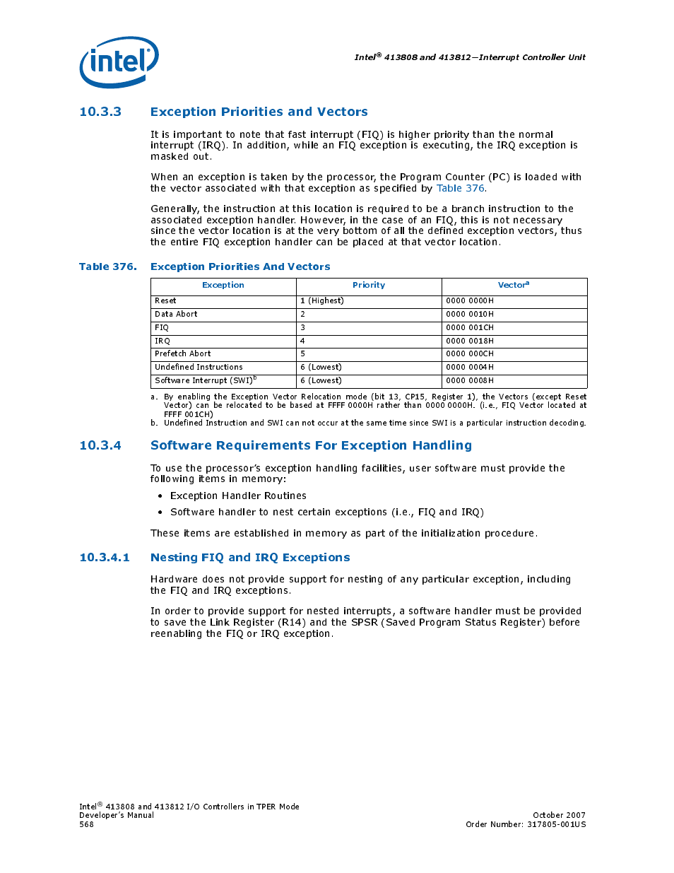 3 exception priorities and vectors, Table 376. exception priorities and vectors, 4 software requirements for exception handling | 1 nesting fiq and irq exceptions, 376 exception priorities and vectors | Intel CONTROLLERS 413808 User Manual | Page 568 / 824