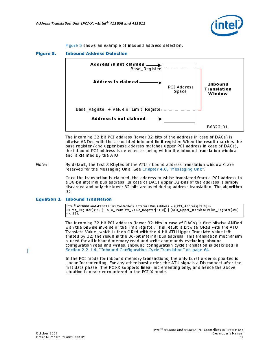 Figure 5. inbound address detection, Equation 2. inbound translation, 5 inbound address detection | Intel CONTROLLERS 413808 User Manual | Page 57 / 824