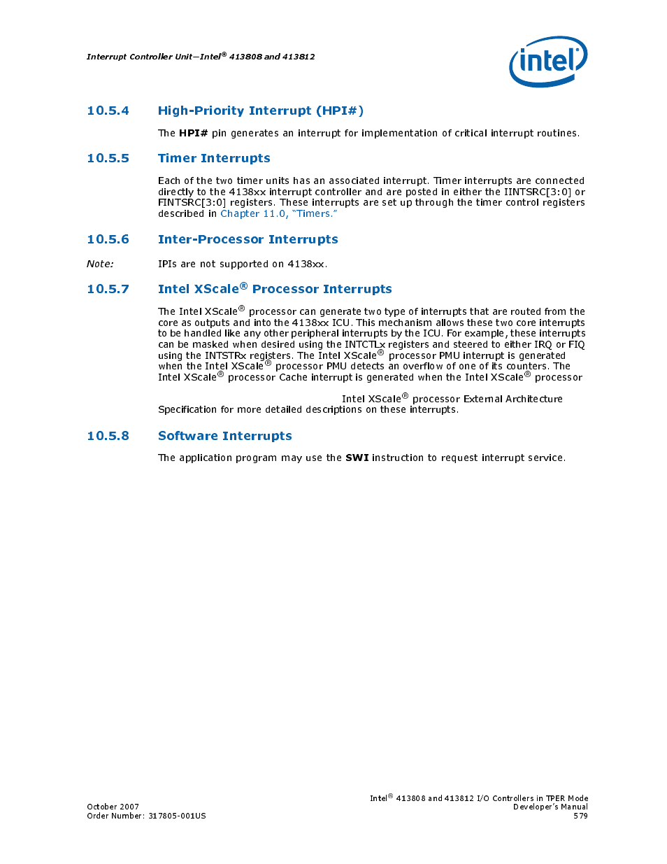 4 high-priority interrupt (hpi#), 5 timer interrupts, 6 inter-processor interrupts | 7 intel xscale® processor interrupts, 8 software interrupts, 4 high-priority interrupt, 7 intel xscale, Processor interrupts | Intel CONTROLLERS 413808 User Manual | Page 579 / 824