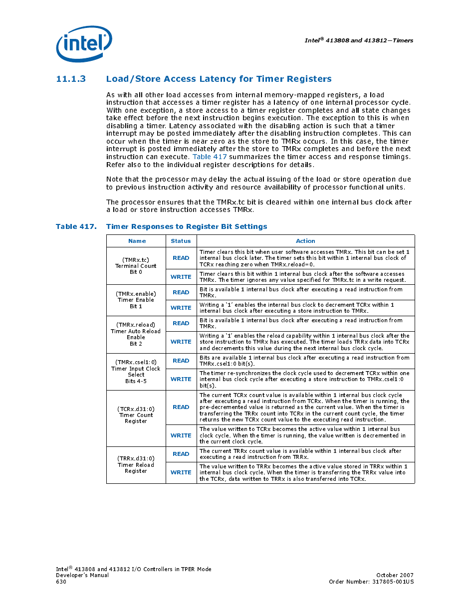 3 load/store access latency for timer registers, 417 timer responses to register bit settings | Intel CONTROLLERS 413808 User Manual | Page 630 / 824