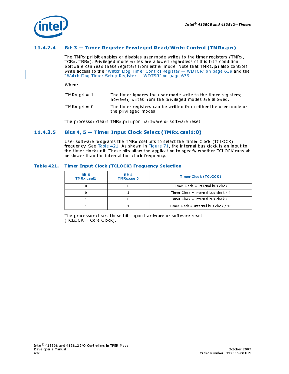 421 timer input clock (tclock) frequency selection, Section 11.4.2 | Intel CONTROLLERS 413808 User Manual | Page 636 / 824
