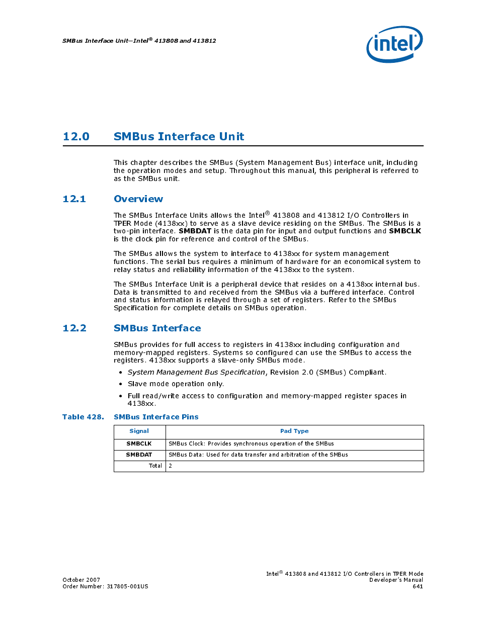 0 smbus interface unit, 1 overview, 2 smbus interface | Table 428. smbus interface pins, 428 smbus interface pins | Intel CONTROLLERS 413808 User Manual | Page 641 / 824