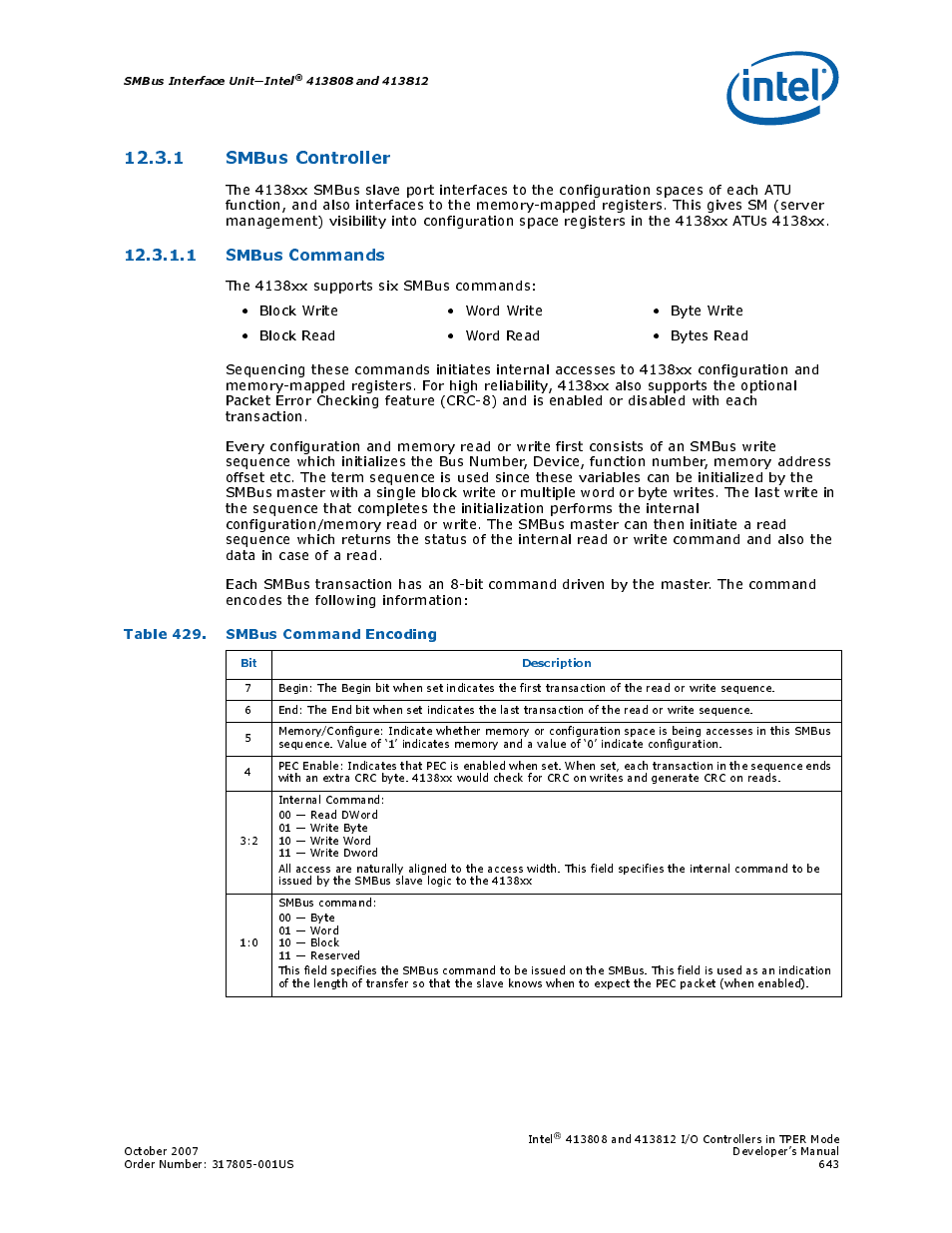 1 smbus controller, 1 smbus commands, Table 429. smbus command encoding | 429 smbus command encoding | Intel CONTROLLERS 413808 User Manual | Page 643 / 824