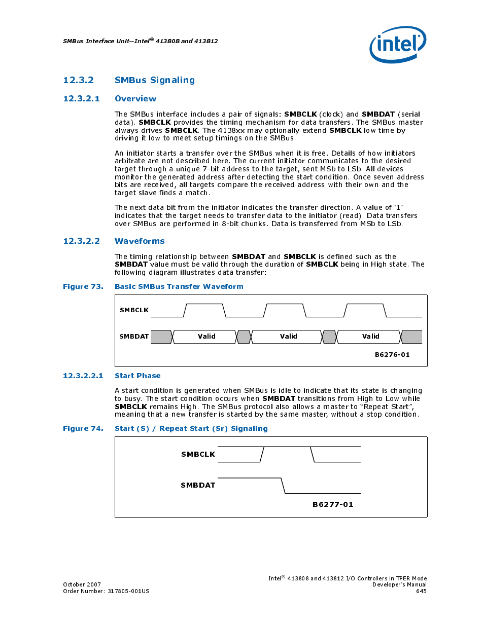 2 smbus signaling, 1 overview, 2 waveforms | Figure 73. basic smbus transfer waveform, 1 start phase, Figure 74. start (s) / repeat start (sr) signaling, 73 basic smbus transfer waveform, 74 start (s) / repeat start (sr) signaling, Smbclk, Smbdat | Intel CONTROLLERS 413808 User Manual | Page 645 / 824